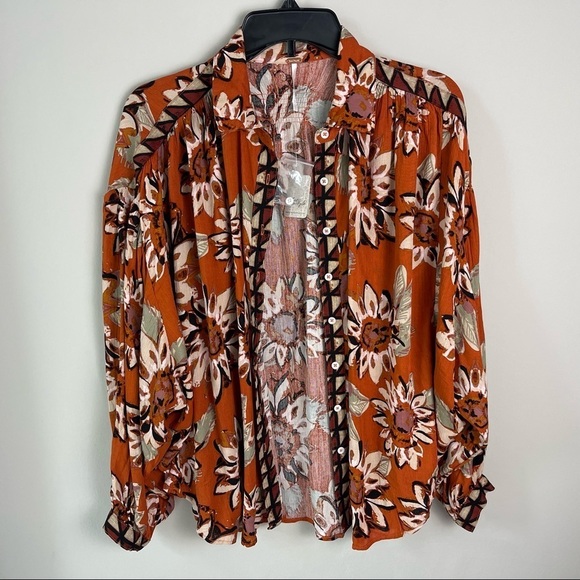 Free People Floral Button Down Shirt - Orange and White - Picture 4 of 16